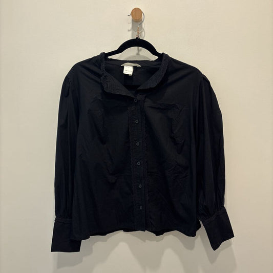 Black Cotton Lace-Trimmed Long-Sleeve Blouse
