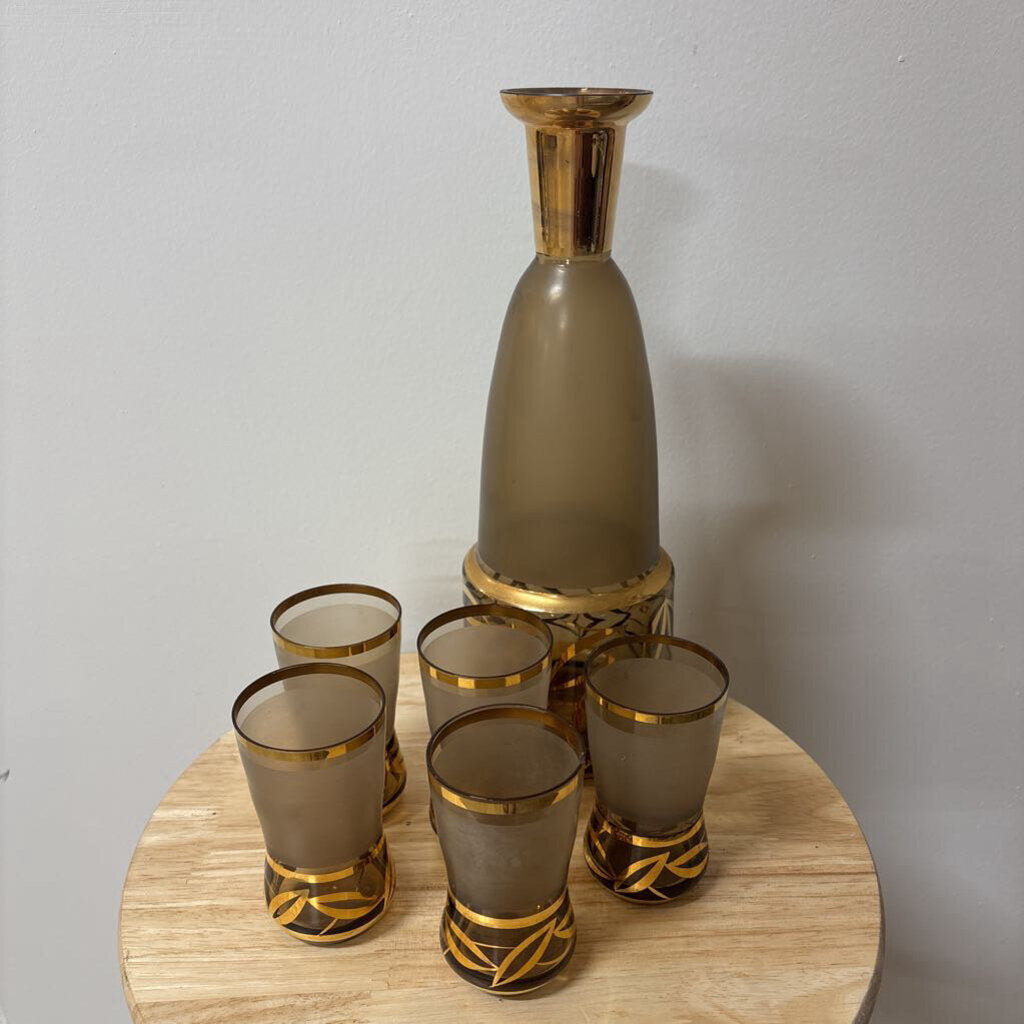 MCM Bohemian Czech Smoked Gray Frosted Glass Decanter Set (6pc)