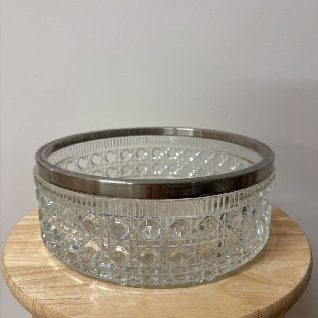 Vintage Lead Crystal Bowl, Cane and Octagon Button Pattern, Silver Plated Rim