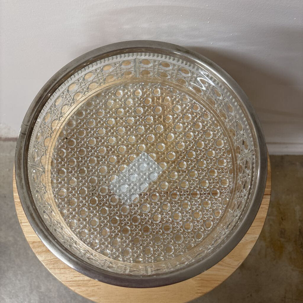 Vintage Lead Crystal Bowl, Cane and Octagon Button Pattern, Silver Plated Rim