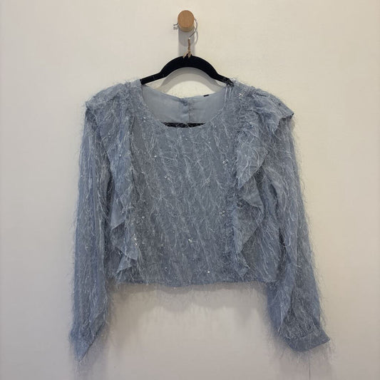 Light Blue Ethereal Tinsel & Sequin Ruffle Blouse
