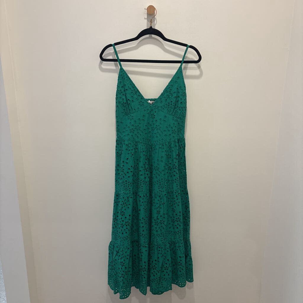 Emerald Green Eyelet-Embroidered Tiered Midi Dress