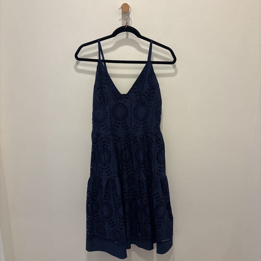 Navy Blue Eyelet-Embroidered Tiered Midi Dress