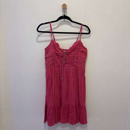 Hot Pink Lace-Up Tiered Mini Dress