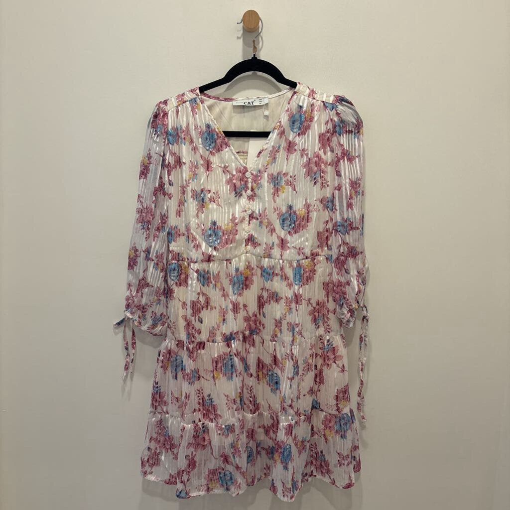 White & Pink Floral Pleated Tiered Mini Dress