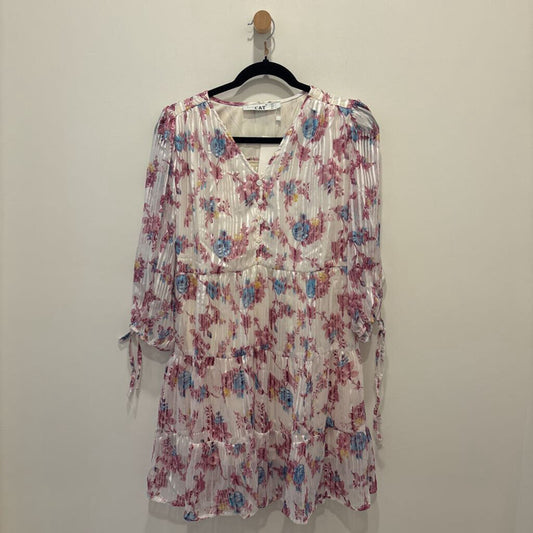 White & Pink Floral Pleated Tiered Mini Dress