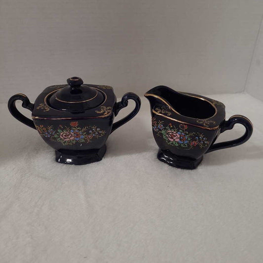 Rare Vintage Japanese Cobalt Blue Creamer and Sugar with handpainted floral pattern