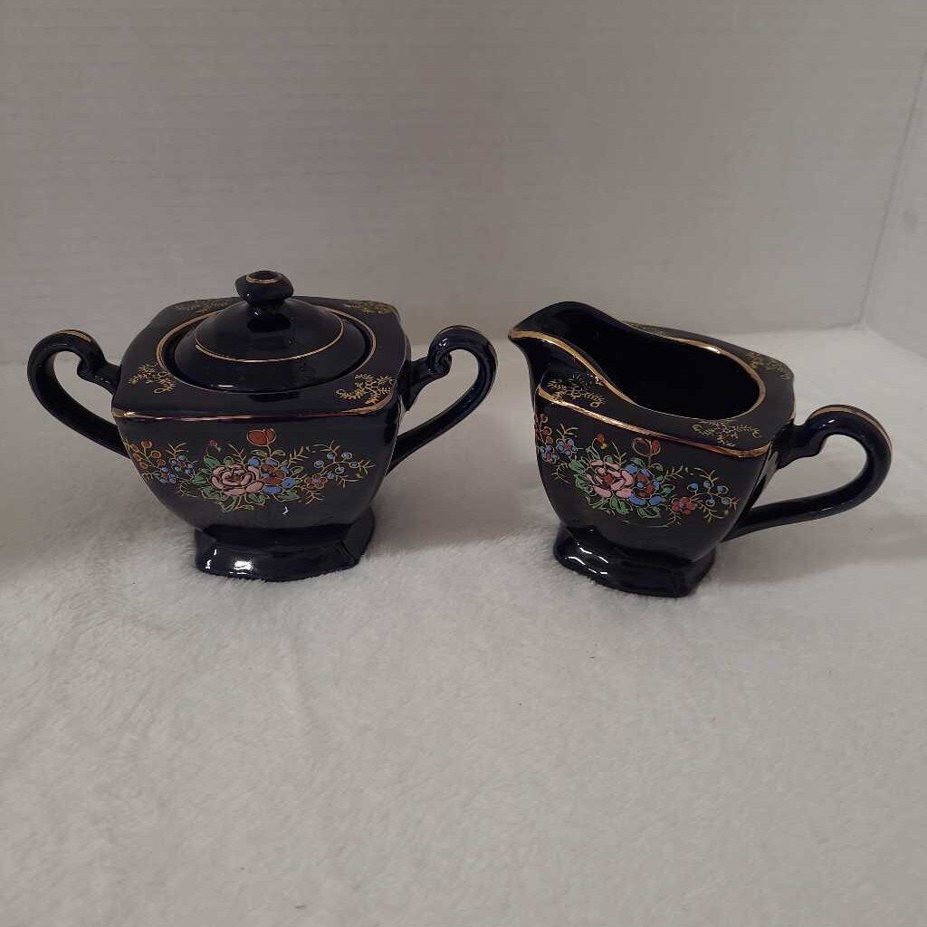 Rare Vintage Japanese Cobalt Blue Creamer and Sugar with handpainted floral pattern