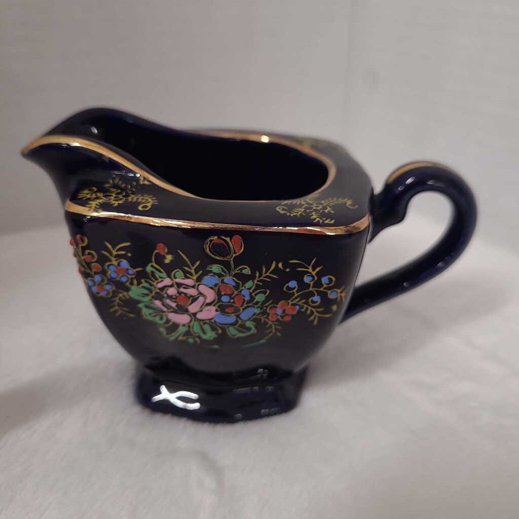 Rare Vintage Japanese Cobalt Blue Creamer and Sugar with handpainted floral pattern