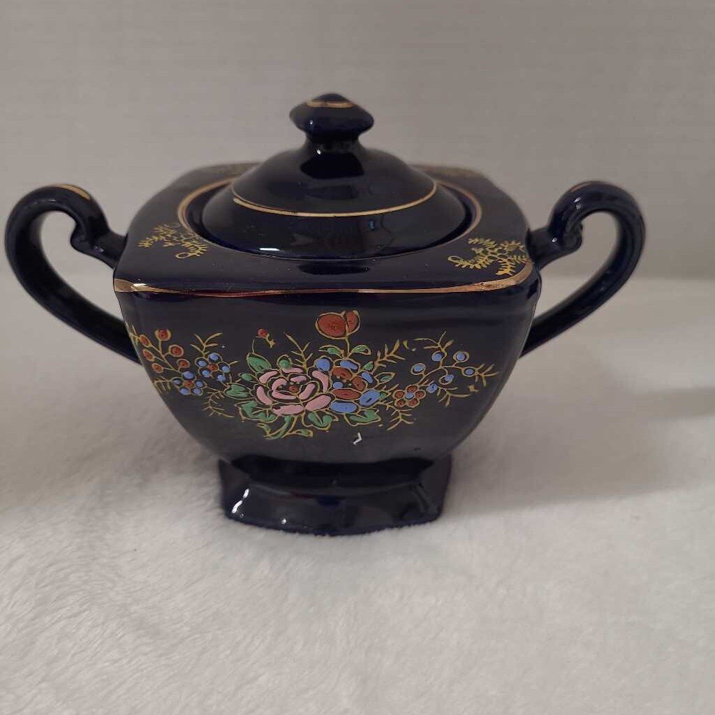 Rare Vintage Japanese Cobalt Blue Creamer and Sugar with handpainted floral pattern