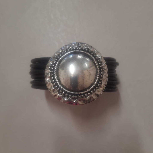 SILVER COLORED BRACLET WITH BLACK CORD