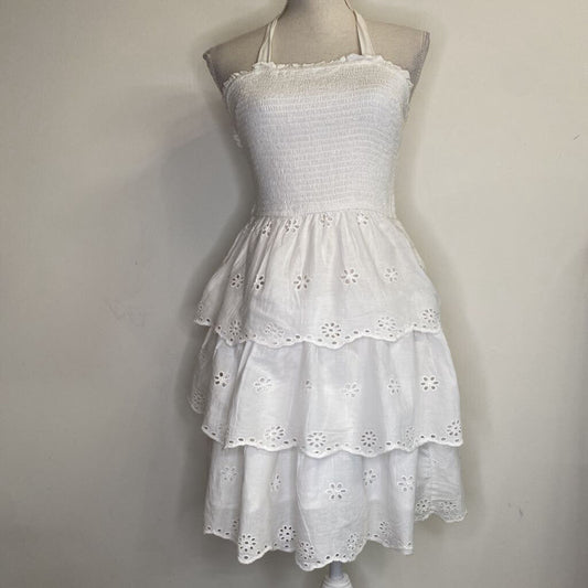 WHITE SMOCKED EYELET LAYERED HALTER DRESS