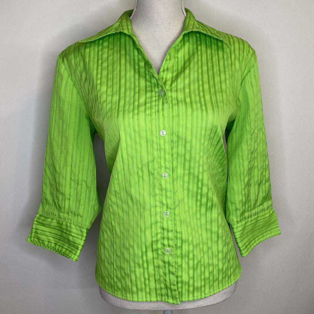 LIME GREEN STRIPED L/S BUTTON-UP BLOUSE