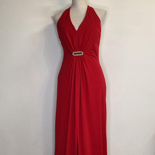 ALGO - RED HALTER-NECK EVENING GOWN W/ JEWEL INLAY