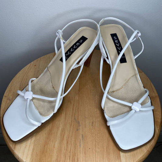 *AS IS* SEVVY MODA - WHITE LEATHER STRAPPY HEELED SANDALS