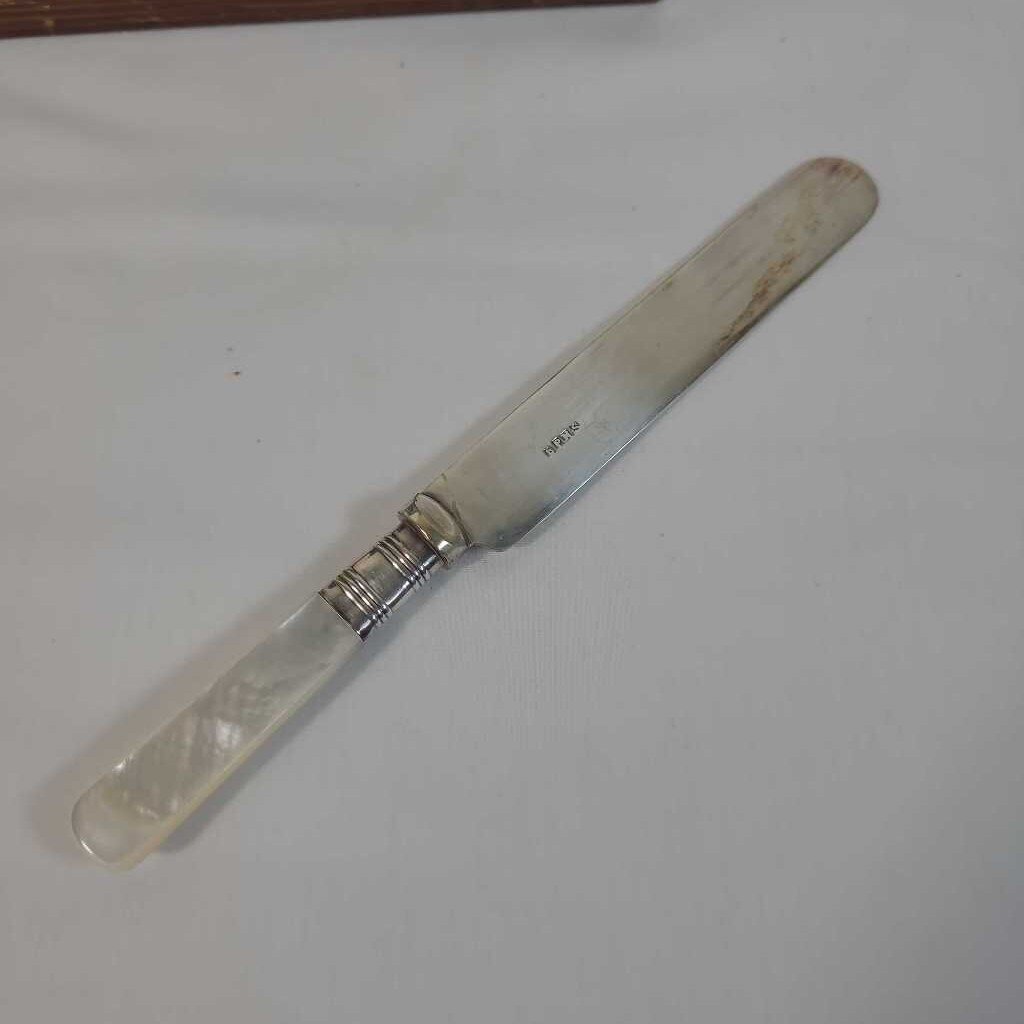 VTG MOTHER OF PEARL HANDLE SILVER 6 KNIFES & 6 FORKS, 3 EXTRA IN A CASE