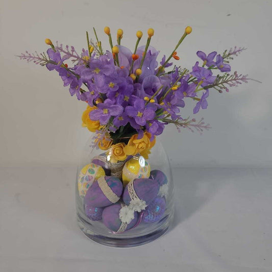 GLASS VASE W/PURPLE EGGS & SPRING FLOWERS