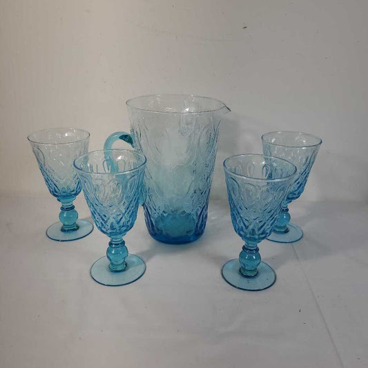 BLUE GLASS PITCHER + 4 WINE GLASSES