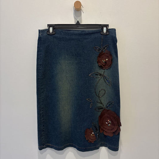T & N EMBROIDERED DENIM MIDI SKIRT
