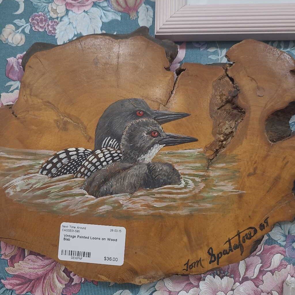Vintage Painted Loons on Wood Slab