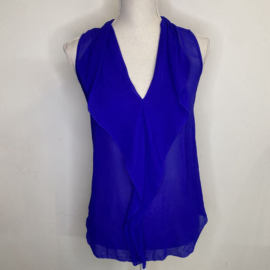 BABATON - 100% SILK ROYAL BLUE RUFFLED V-NECK TANK TOP