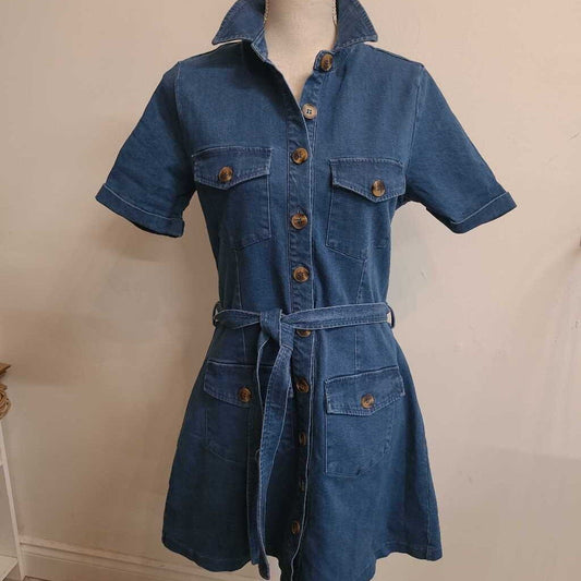 DENIM BUTTON FRONT DRESS WITH TIE