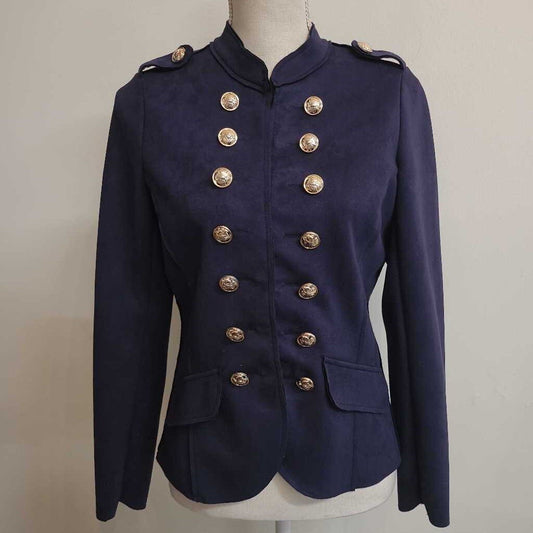 NAVY FAUX SUEDE BLAZER WITH GOLD BUTTONS