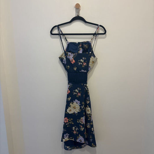 Navy Blue Floral Cut-Out Puff-Sleeve Mini Dress