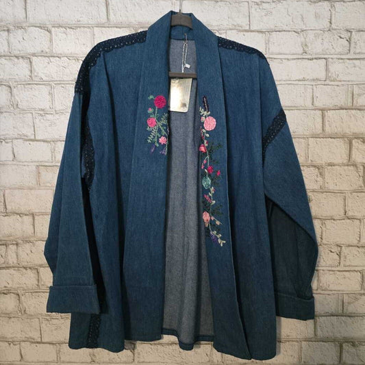 Handmade Embroidered Denim Open Jacket