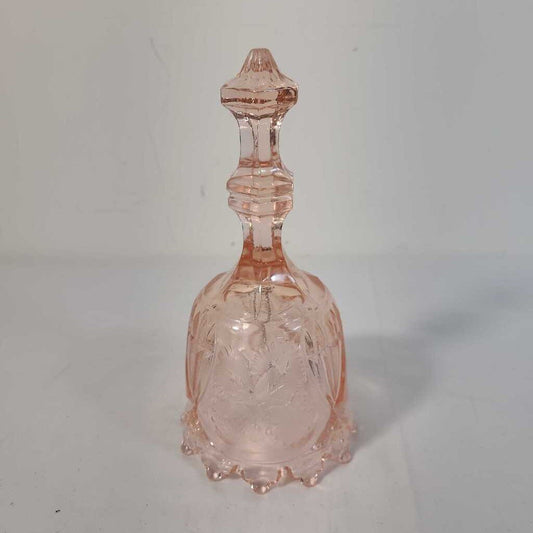 VTG PINK DEPRESSION GLASS BELL W/ ETCHED STRAWBERRYIES