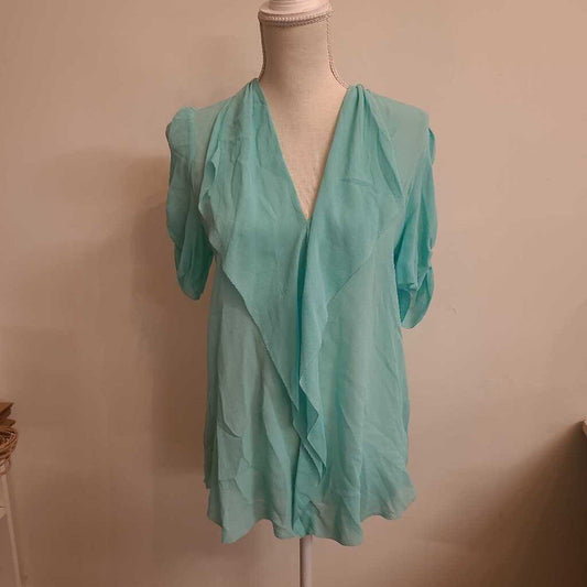 GREEN RUFFLED 100% SILK BLOUSE