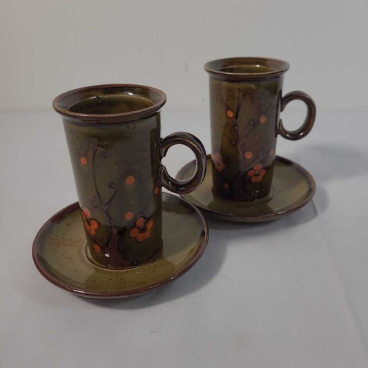S/2 OTAGINI ORANGE FLORAL SPECKLED CUP & SAUCERS