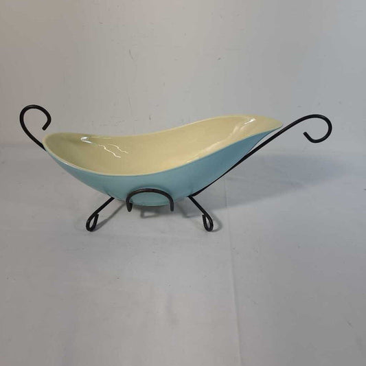 VTG HULL ELONGATED BLUE/YELLO SERVING DISH 23. METAL STAND