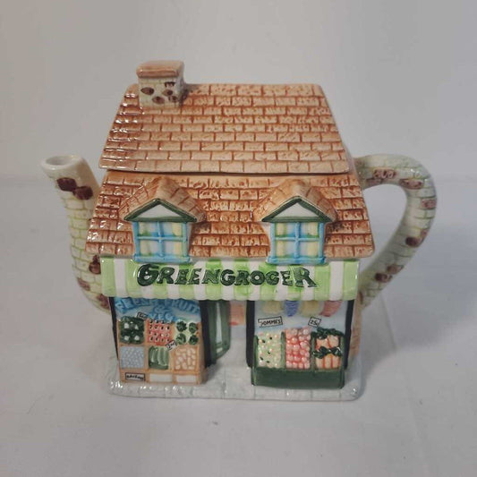 VTG GREEN GROCER CERAMIC TEAPOT