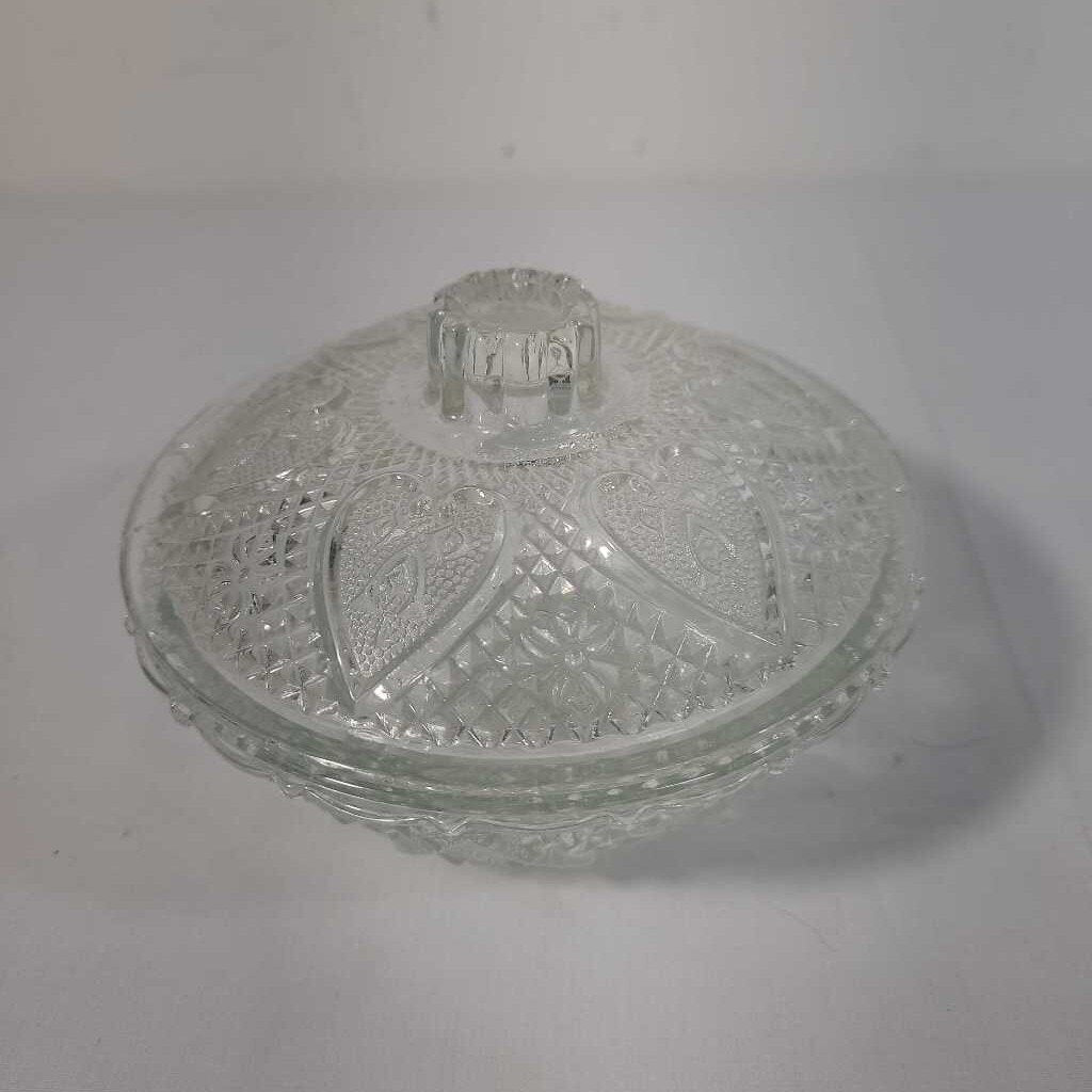 VTG PRESSED GLASS CANDY DISH HEARTS & ROSES