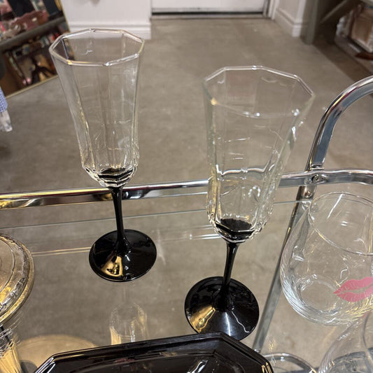 SET OF 2 VINTAGE LUMINARC BLACK OCTIME (FRANCE) CHAMPAGNE FLUTES