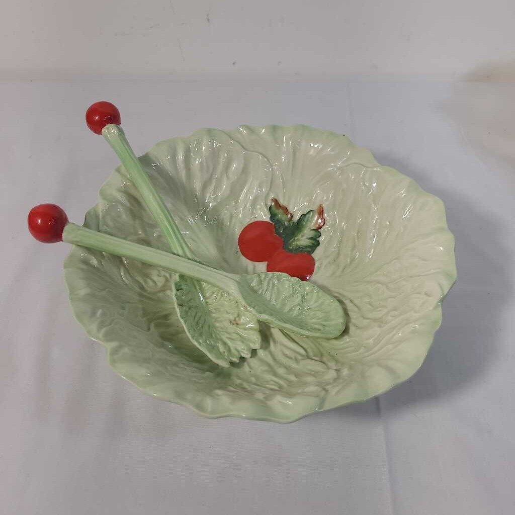 VTG CARLTON WARE LETTUCE LEAF BOWL W/ EMBOSSED TOMATOES & SPOONS