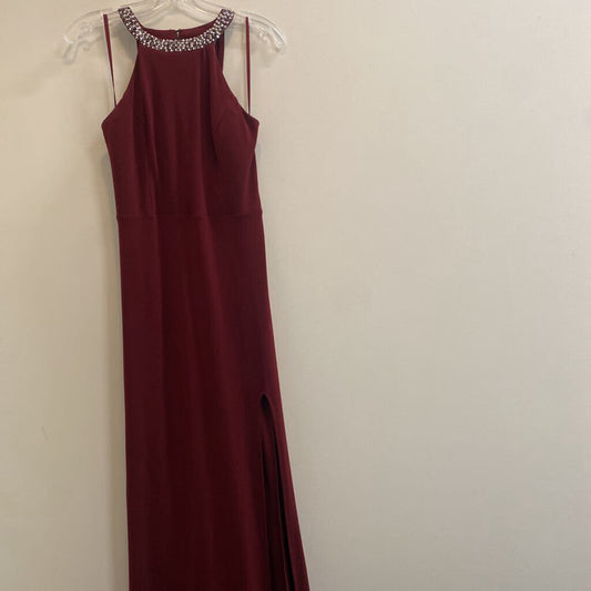 CITY TRIANGLES - MAROON MAXI HALTER DRESS W/ BEADED NECKLINE