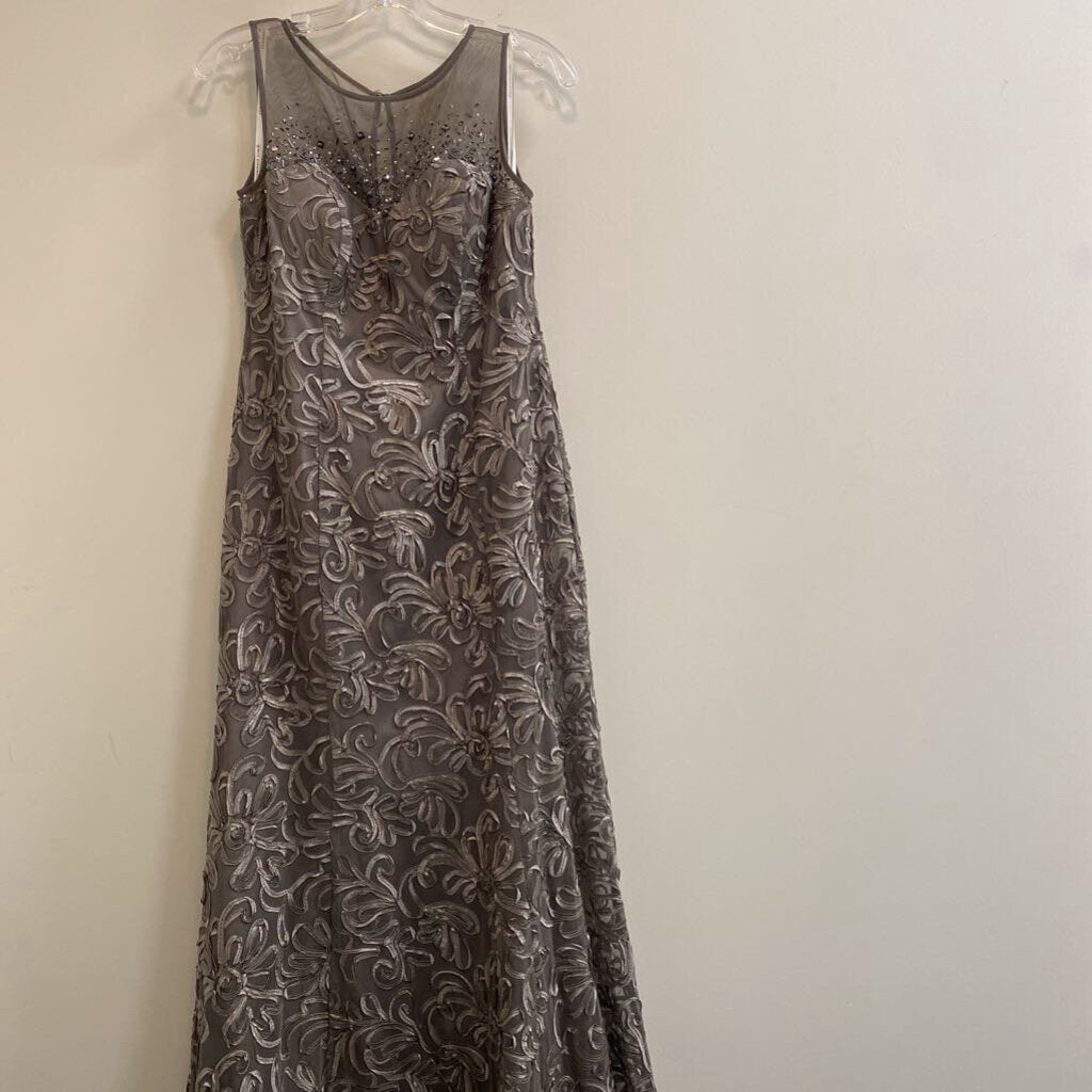 LAURA - SILVER SLEEVELESS MAXI DRESS W/ TEXTURED FLORALS & BEADING