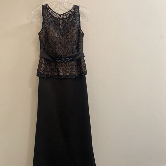 LAURA - BLACK SATIN SLEEVELESS LACE PEPLUM EVENING DRESS