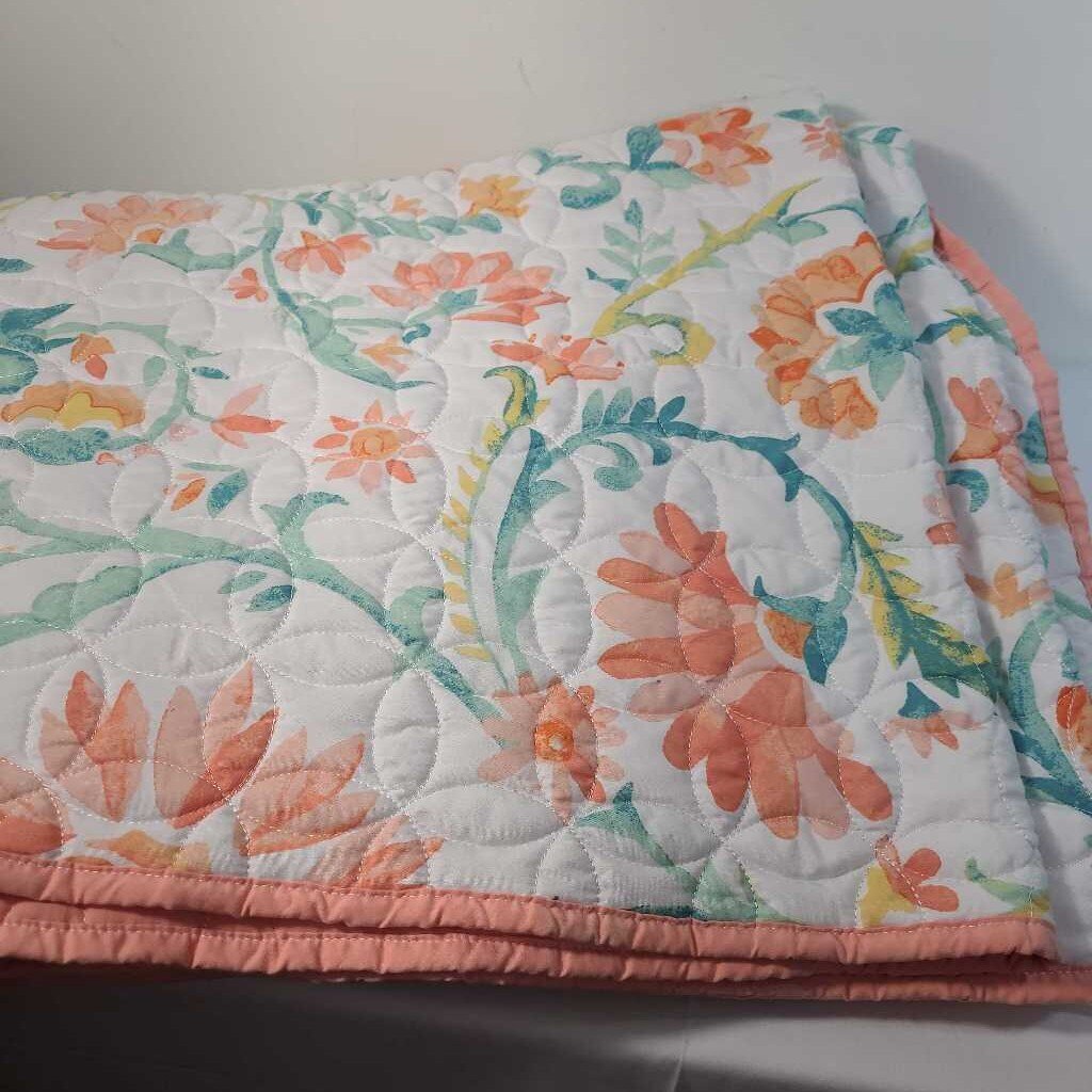 3pc PEACH FLORAL QUEEN COVERLET