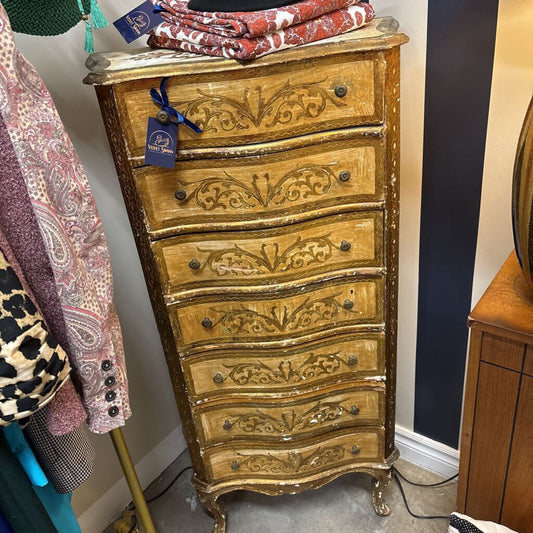 VINTAGE FLORENTINE PAINTED CHEST 7 DRAWER CHEST WITH GILDED DETAIL