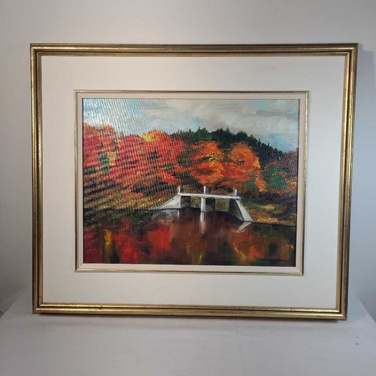 FALL TREES BEHIND A BRIDGE~OIL PAINTING
