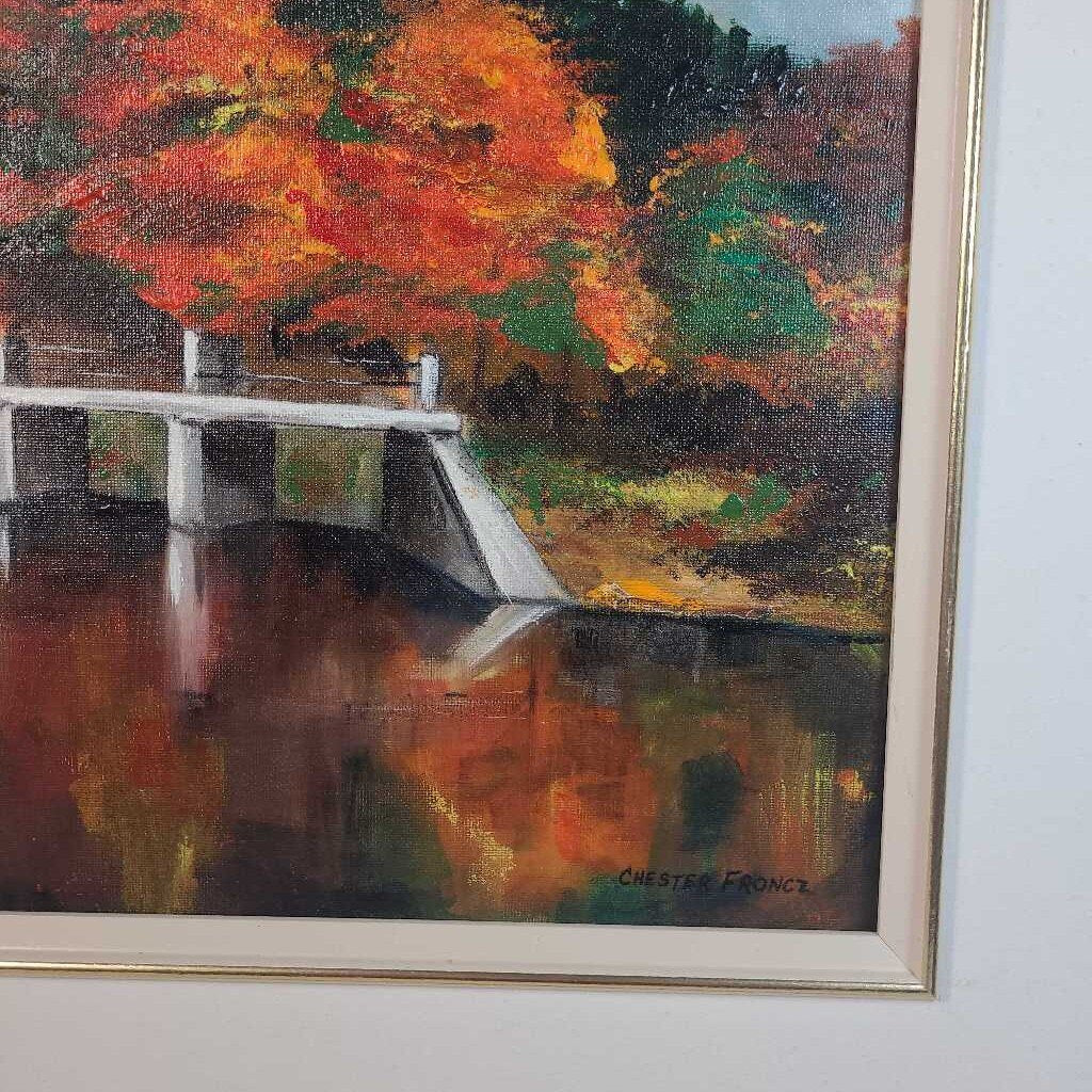 FALL TREES BEHIND A BRIDGE~OIL PAINTING