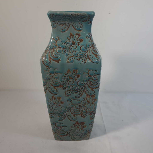 BLUE CERAMIC VASE W/ BROWN FLOWERS