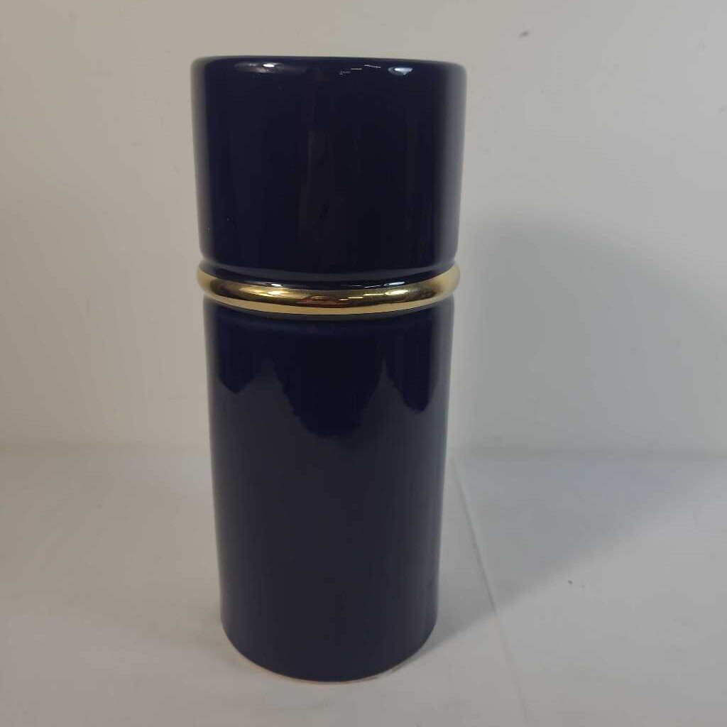 BLUE CERAMIC VASE W/GOLD TRIM