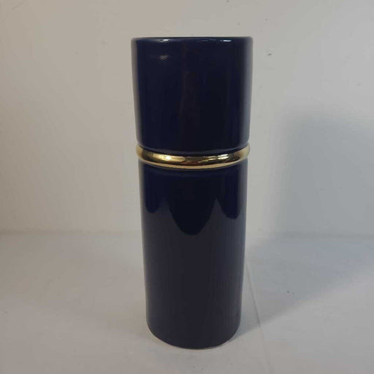 MED BLUE CERAMIC VASE W/GOLD TRIM