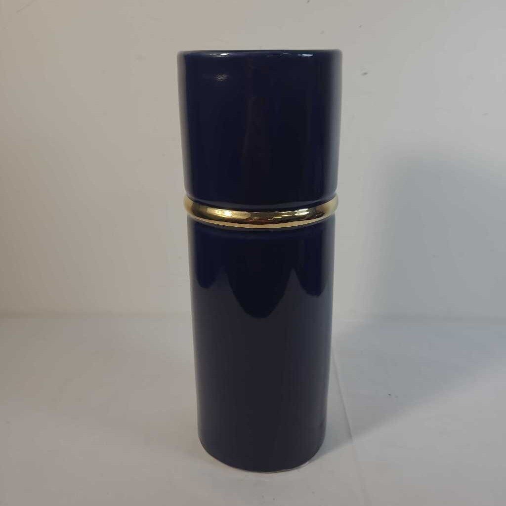 MED BLUE CERAMIC VASE W/GOLD TRIM