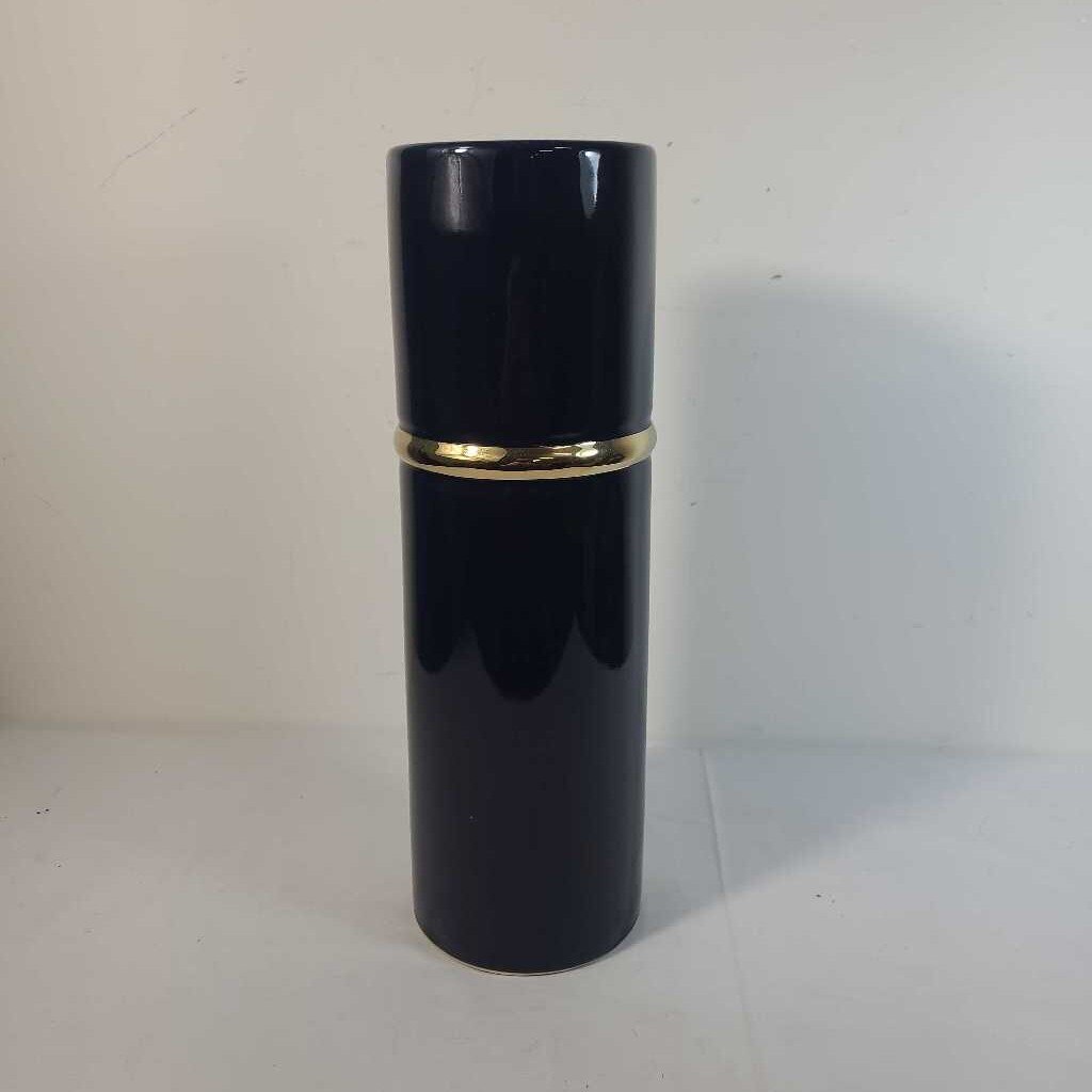 TALL BLUE CERAMIC VASE W/GOLD TRIM