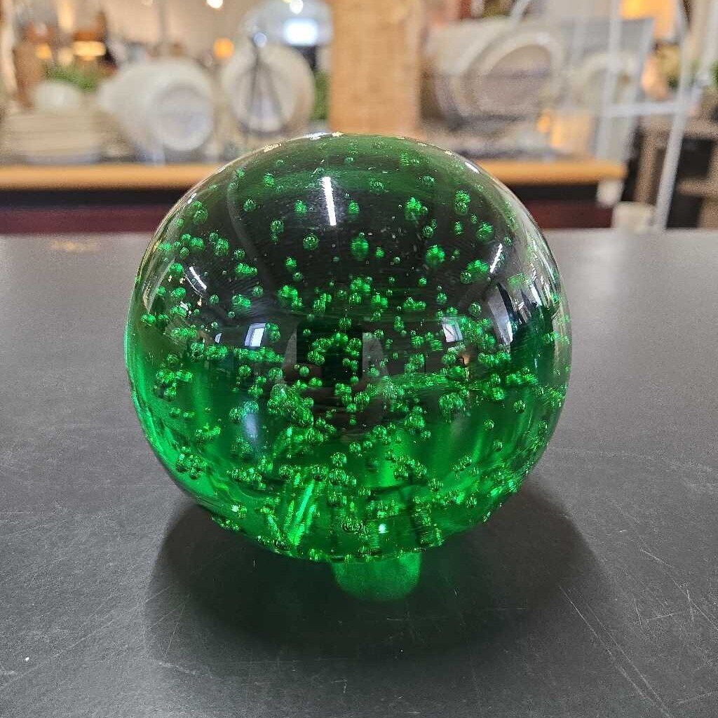 GREEN BUBBLE GLASS PAPERWEIGHT